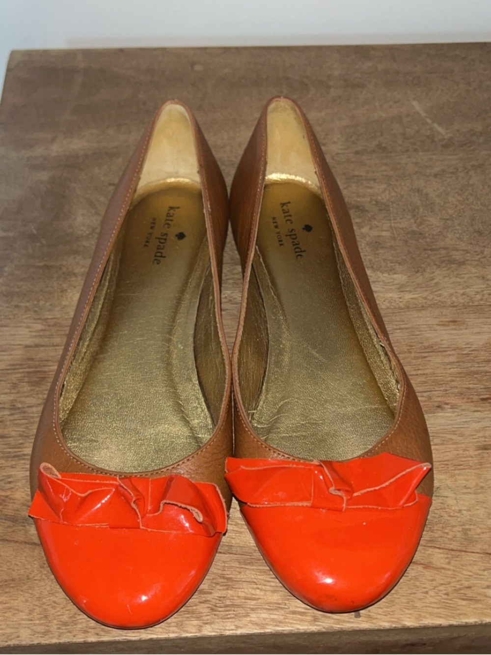 Kate Spade Brown Leather Flats with Bright Orange Patent Toe